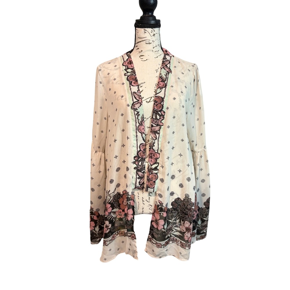 Altar'd State Floral Kimono Cardigan Cream Pink Boho Bell Sleeve Medium